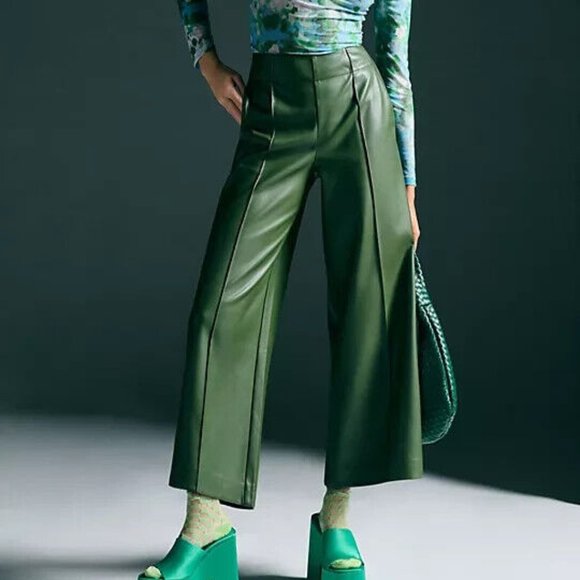 NEW Anthropologie Maeve 12P Faux Leather Pintuck Trousers Pants Green 12 Petite